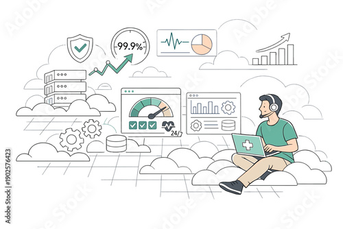Cloud-native hospital systems. IT specialist monitoring virtual servers and dashboards hovering above a cloud