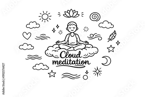Cloud meditation. Hand-drawn doodle illustration of Cloud meditation. In the middle, one slightly larger