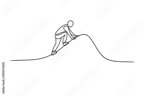 Overcoming Challenges. Minimalistic one-line drawing of a human figure climbing over an abstract obstacle