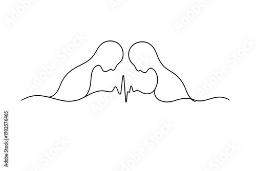 "Deep feelings". Minimalistic one-line drawing abstract figures leaning toward each other with a shared pulse