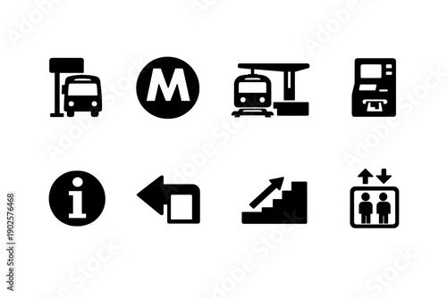 Public transport wayfinding icons. Filled icon set of Public transport wayfinding icons: bus stop sign, metro