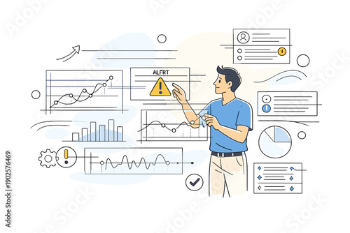 Real-time analytics dashboard. Analyst interacting with layered transparent graphs, timelines, and alert