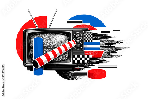 Modern minimalist graphic collage depicting a classic retro television transforming into abstract visual noise