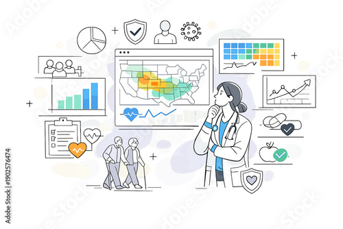 Population health insights. Medical specialist viewing aggregated charts and heatmaps hovering around a