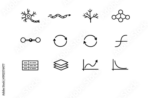 Machine learning neurons. Line outline icon set of Machine learning neurons: neuron cell, axon signal,