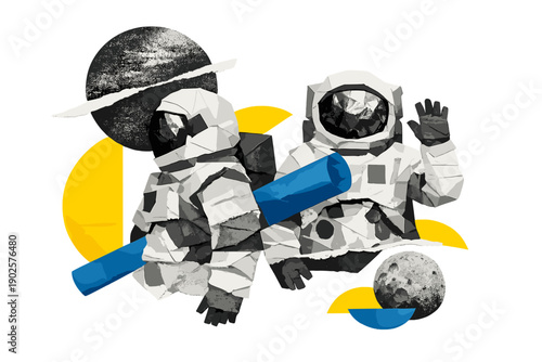 Abstract modern graphic collage representing space nostalgia through paper textures, black and white planetary