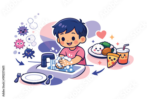 Clean hands before meals. Child washing hands before eating, food icons waiting nearby and germs fading away.