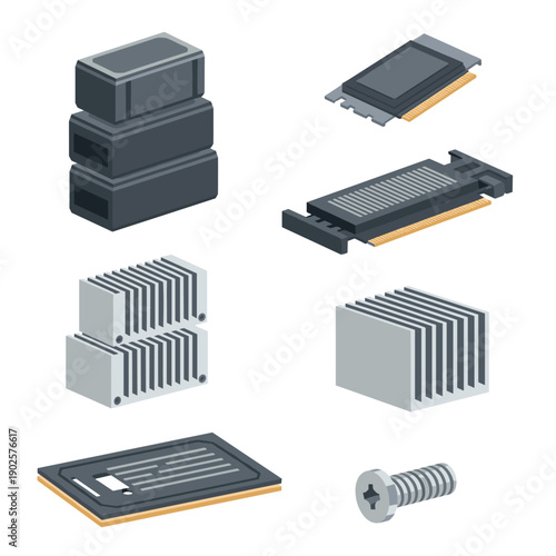An isometric sticker set of various computer hardware components, including SSDs, heatsinks, and a screw, for PC building and tech support illustrations.