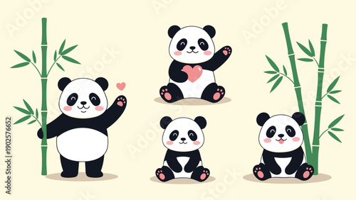 Set of four adorable giant panda bears in various poses including standing, sitting, and holding a heart, with bamboo.