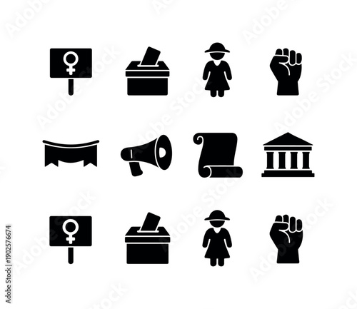 Women’s suffrage movements throughout history. Filled icon set of Women’s suffrage movements throughout