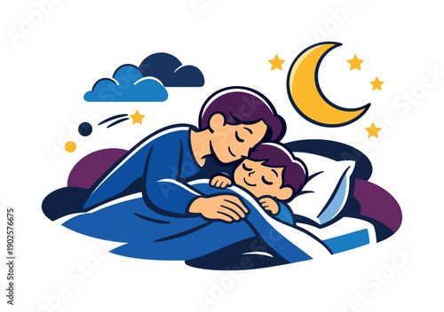 Bedtime Hugs. Bedtime embrace. A parent tucks a child in and hugs them gently, moon and clouds drifting nearby