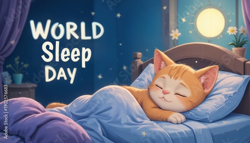 World Sleep Day banner with a cute orange cat napping in a cozy bedroom
