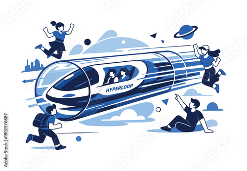 Futuristic transportation systems. Hyperloop capsule speeding through a transparent tube, motion lines and