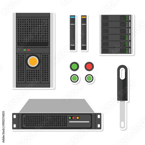 A flat design sticker set of server room hardware, including a server tower, rack-mounted units, indicator lights, and a tool, for IT and data center themes.