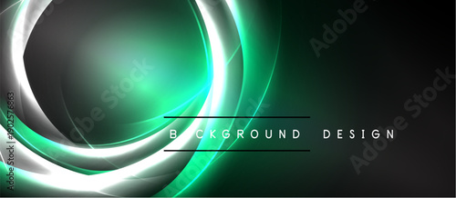 Dark background features glowing green neon lines forming abstract circular shapes. Text reads background design. Minimalist, modern aesthetic.