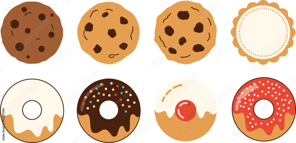 Obraz premium Assorted Cookies and Glazed Donuts with Chocolate and Strawberry Toppings Isolated on White Background Vector Illustration