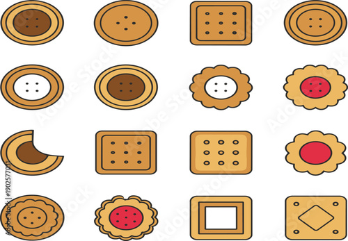 Assorted Cookie Icon Set with Chocolate Jam Cream and Biscuit Shapes Isolated on White Background