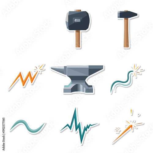 A collection of blacksmith and metalworking tools and elements, including a heavy anvil, hammers, and vibrant sparks and energy waves representing the forging process.