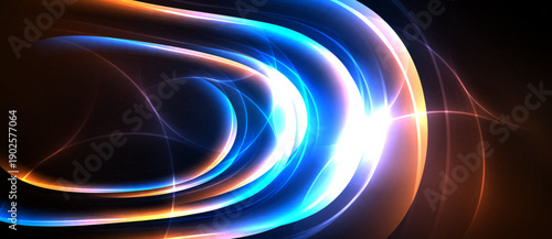 Abstract swirls, vibrant blues, oranges illuminate dark background. Dynamic energy radiates from flowing lines, creating modern visual impact.
