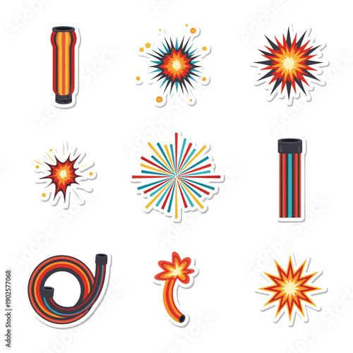 A vibrant set of colorful fireworks and pyrotechnics icons, showcasing various explosive bursts, rockets, and firecrackers, perfect for celebration and festival designs.