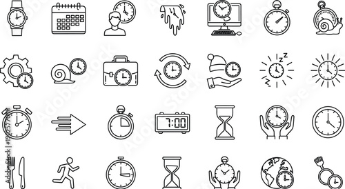 Vector illustration of time management icons—symbols for clocks, calendars, watches, productivity tools, scheduling process, global timing, and organizational efficiency