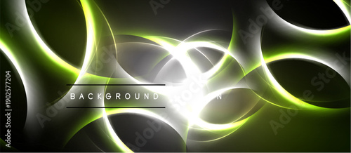 Abstract design features glowing lines, curves, circles. Dark background emphasizes bright, dynamic light effects. Modern, energetic composition.