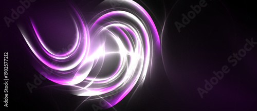 Abstract swirls, vibrant purple, white light. Dynamic energy radiates from central point, dark background enhances luminosity.
