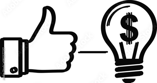 Vector illustration of thumbs-up and light bulb icons—symbols for positive idea, financial success, creative approval, innovation concept, and business value