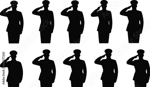 Soldier salute silhouettes, military tribute illustration, patriotic honor design, national pride artwork, Memorial Day vector, Veterans Day silhouette composition