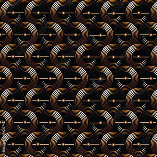 Elegant luxury seamless pattern featuring overlapping gold concentric circles on black background. Art deco inspired geometric design ideal for wallpaper, packaging, textile, branding, and premium dec