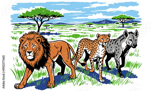 African safari animals design. Lion cheetah and hyena artwork. Wildlife vector graphic for apparel. Retro vintage nature print design. Wild animal kin