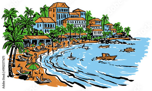 Tropical beach resort artwork. Summer vacation paradise illustration. Ocean side holiday design. Palm tree sketch art. Vintage travel poster graphic.