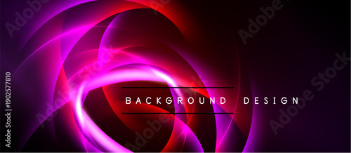 Abstract design features vibrant curves, gradients. Pink, purple, red hues dominate dark background. Text reads background design.