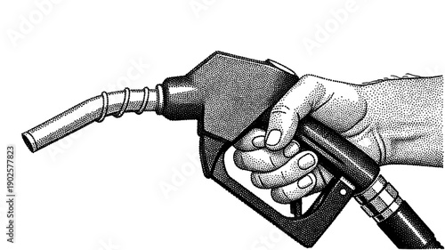 hand holding a gas nozzle, fuel pump illustration in retro halftone style