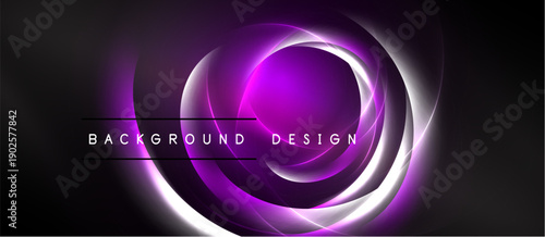 Abstract purple, white light swirls. Circular design dominates black background. Text reads background design. Modern, vibrant visual.