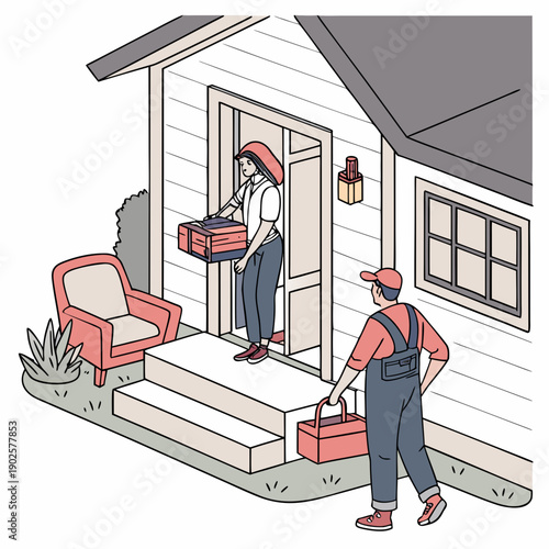 Of two delivery workers moving boxes into a house steps