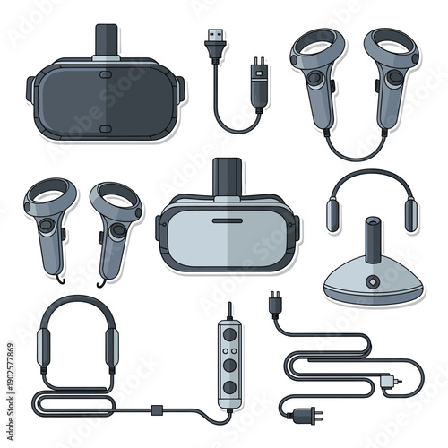 A complete set of virtual reality gaming equipment, including a VR headset, motion controllers, over-ear headphones, a charging stand, and all the necessary power cords.