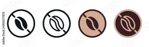 Caffeine Free Vector Icons Set. Flat Labels Design Collection on White Background. Coffee Bean Symbols with Prohibition Signs for Packaging.