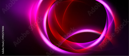 Abstract design features vibrant pink, red curves against dark background. Smooth gradients create dynamic visual effect. Modern, energetic composition.