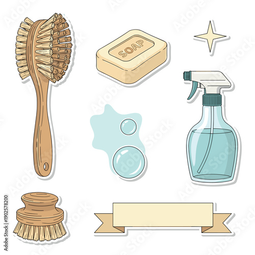 A lovely hand-drawn collection of natural and eco-friendly cleaning supplies, including wooden dish brushes, a bar of soap, and a reusable glass spray bottle with bubbles.
