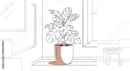 Minimalist line art illustration featuring a vibrant monstera deliciosa houseplant situated prominently in a simple interior setting awaiting color filling.