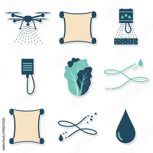 A set of icons representing smart agriculture and modern farming technology, including a crop-spraying drone, a moisture sensor, lettuce, and abstract water symbols.