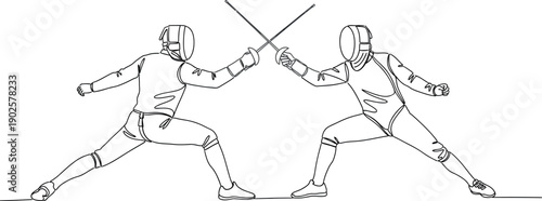 Two skilled athletes engage in a dynamic foil fencing duel captured in a minimalist continuous line art drawing emphasizing their intense competitive stance and crossing blades.