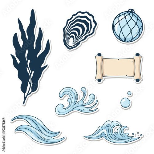 A hand-drawn collection of marine and ocean-themed elements, featuring dark seaweed, an oyster shell, a glass fishing float, stylized waves, and a parchment scroll.