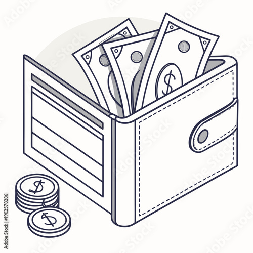 Open wallet with cash and coins money dollars