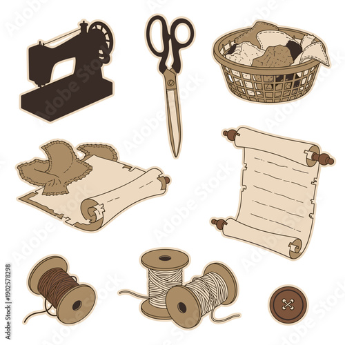 A charming collection of vintage sewing and tailoring supplies, featuring an old sewing machine, shears, spools of thread, a basket of fabric scraps, and a button.