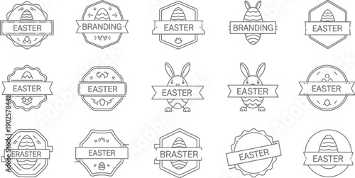 Collection of various black line art icons featuring easter holiday themes like decorated eggs and cute bunny characters within decorative badges and banners for seasonal design projects.