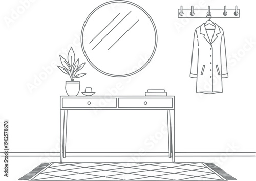 Minimalist line art illustration depicts a simple entryway or hallway setup featuring a console table with decorative items and a coat hanging on wall hooks beside a circular mirror.