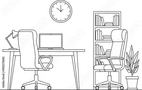 Minimalist line art illustration depicts a modern home office setup featuring two executive swivel chairs a desk with a laptop and a bookshelf for organization needs