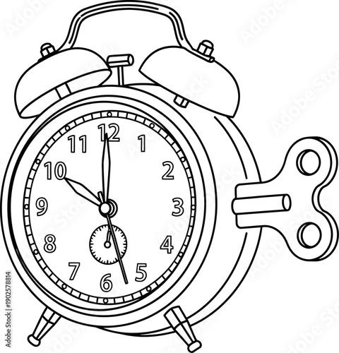 Detailed black and white line art illustration of a classic twin bell wind up alarm clock featuring bold numerals and visible winding key ready for use.